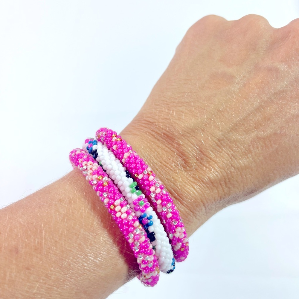 Stackable Beaded Bracelet Set Of 3, Nepal Glass Bead Bracelets, Roll On Bracelet